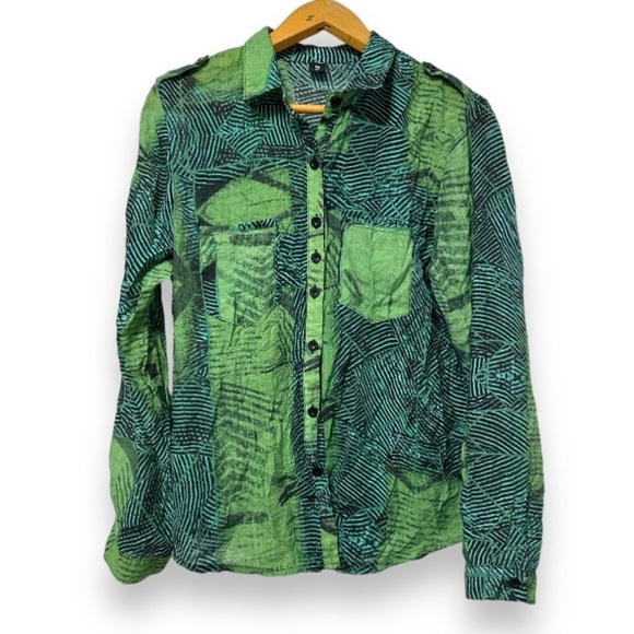 Vintage Green Black Abstract Pattern Button Up Top Womens Size Medium Artsy Boho - Picture 1 of 16